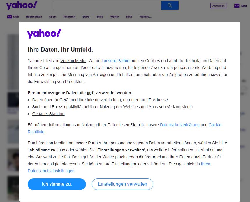 Datenschutzshinweise für User in Yahoo