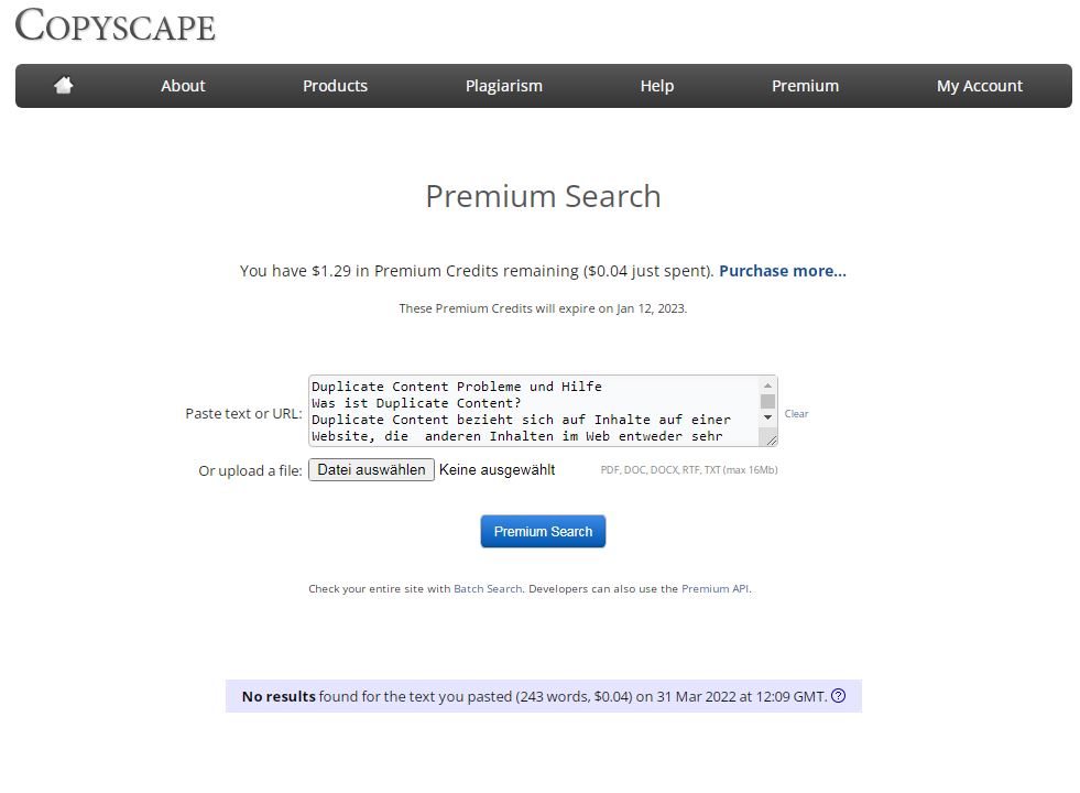 Text in Copyscape premium reinschütten und auf Duplicate Content testen