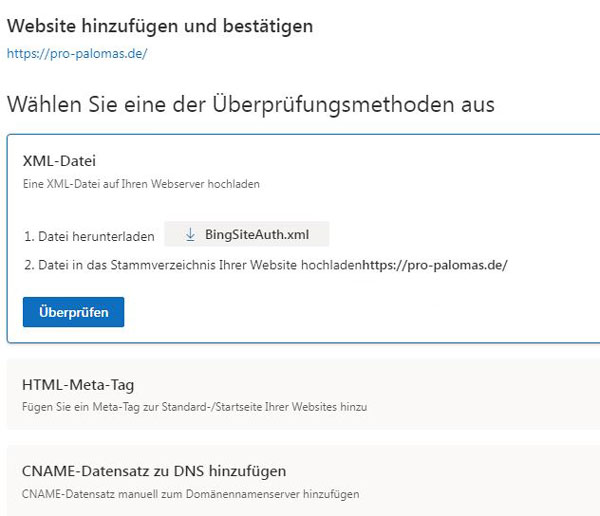 Bestätigungsmethoden für die Anmeldung einer Website in Bing