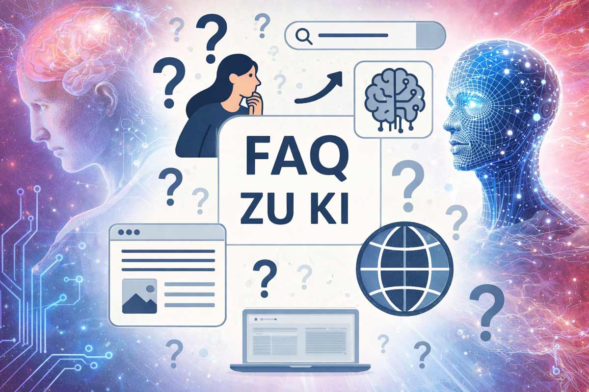Grafische Darstellung von FAQs zu KI, GEO und SEO