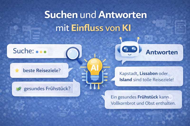 Infografik „Suchen und Antworten mit Einfluss von KI“ mit Suchanfragen links, KI-Symbol in der Mitte und Antworten rechts