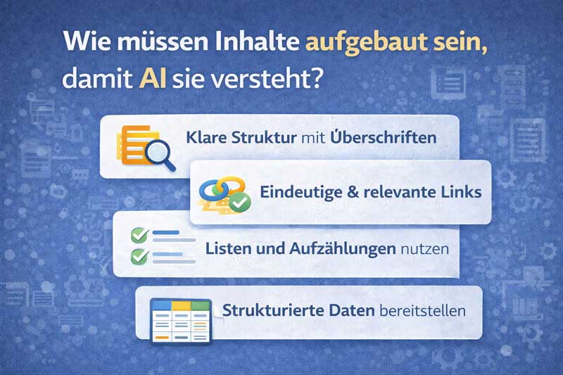 Infografik „Wie müssen Inhalte aufgebaut sein, damit AI sie versteht?“ mit Punkten zu Struktur, Links, Listen und strukturierten Daten