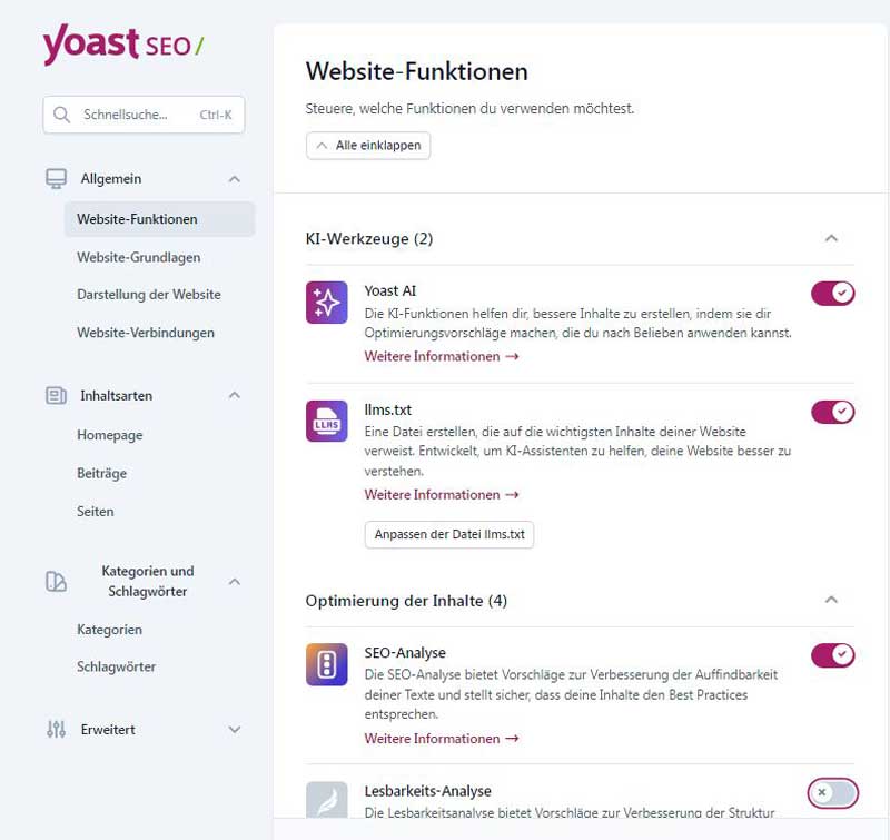 Das Bild zeigt die Einstellungen für Yoast im Backend von WordPress