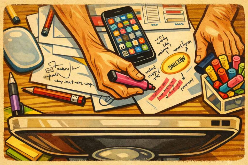 Obenansicht eines Schreibtisches mit Layout-Skizzen