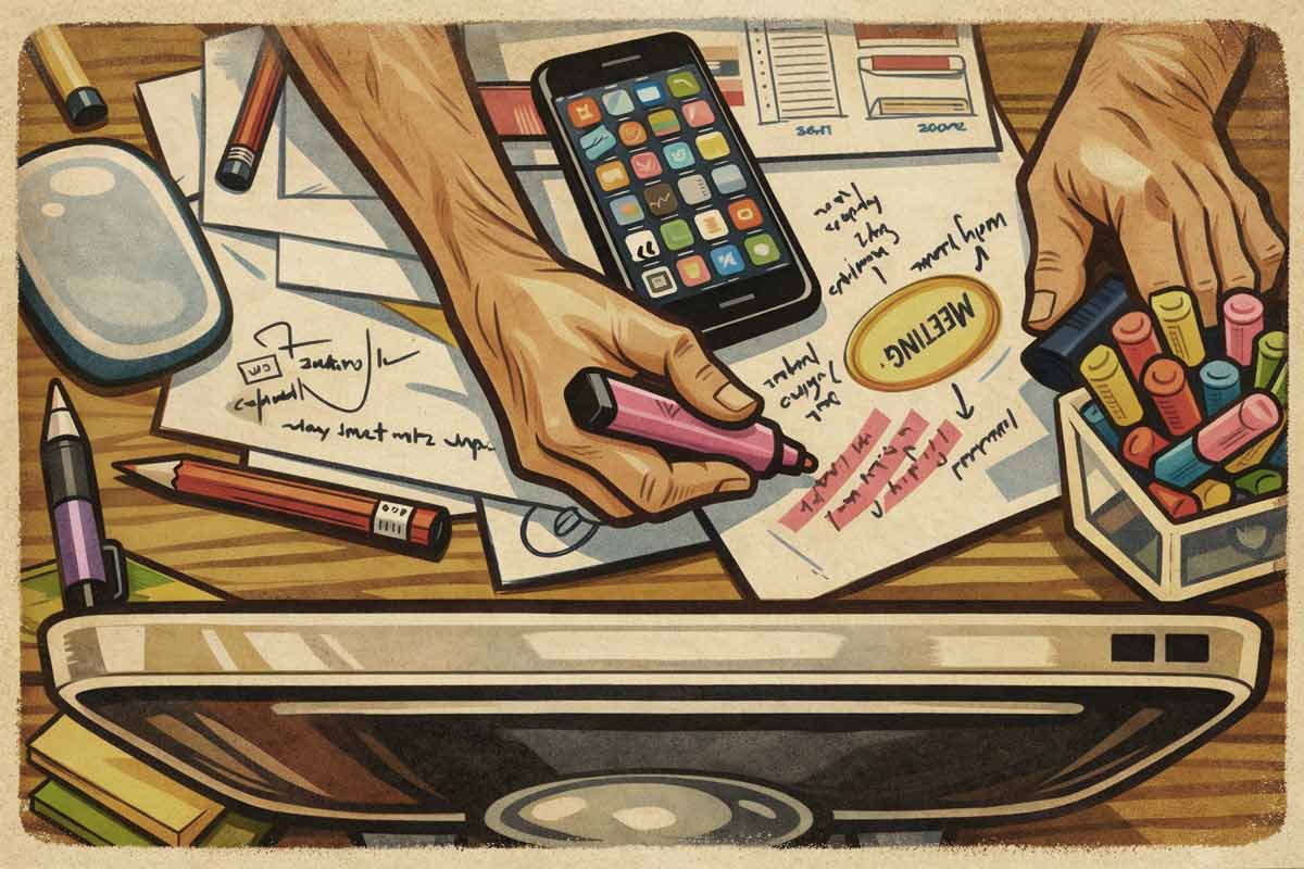 Obenansicht eines Schreibtisches mit Händen und Layout-Skizzen