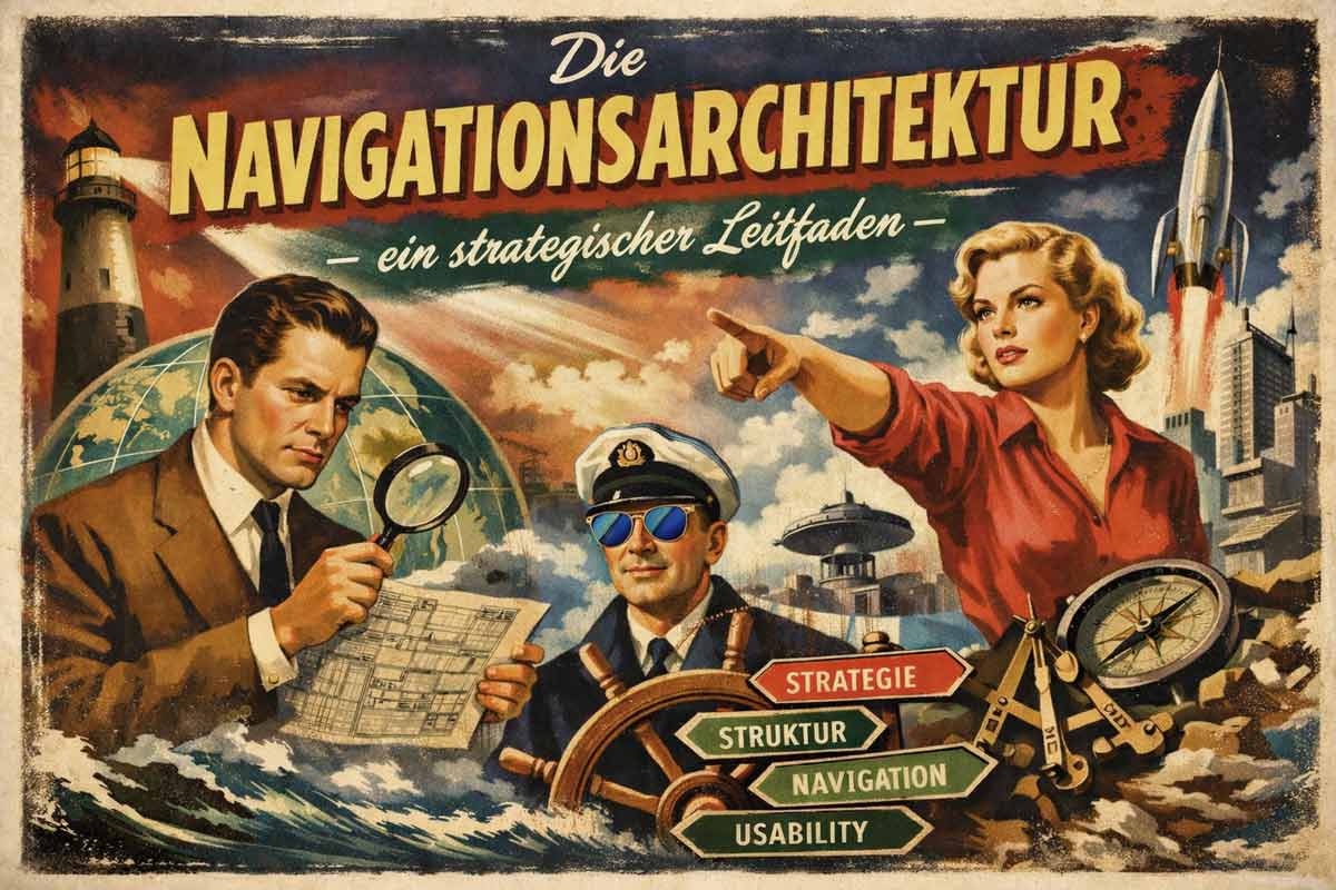 50er Jahre Filmplakat mit SEO Watcher am Steuerrad - Thema Navigationsarchitektur