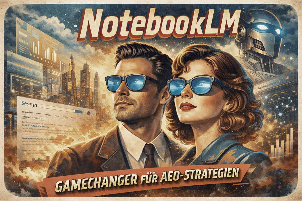 Mann und Frau mit blauen Sonnenbrillen im 50er-Jahre-Stil vor futuristischer Skyline, Titel: NotebookLM Gamechanger AEO
