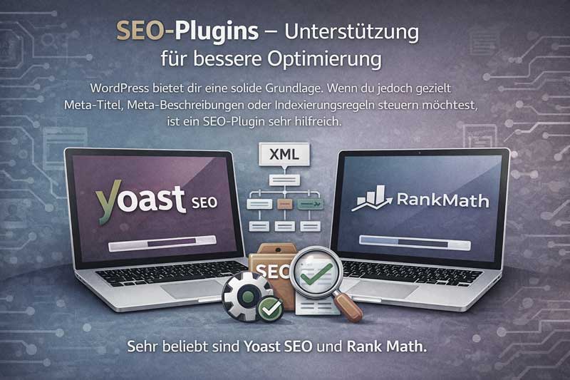 SEO-Plugins für WordPress mit Yoast SEO und Rank Math zur Optimierung von Meta-Titeln, Beschreibungen und Sitemap.
