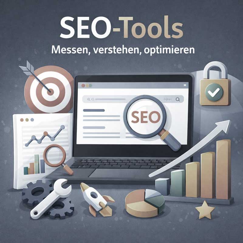 SEO-Tools mit Laptop, Lupe „SEO“, Diagrammen, Zielscheibe und Balkendiagramm sowie Text „Messen, verstehen, optimieren“