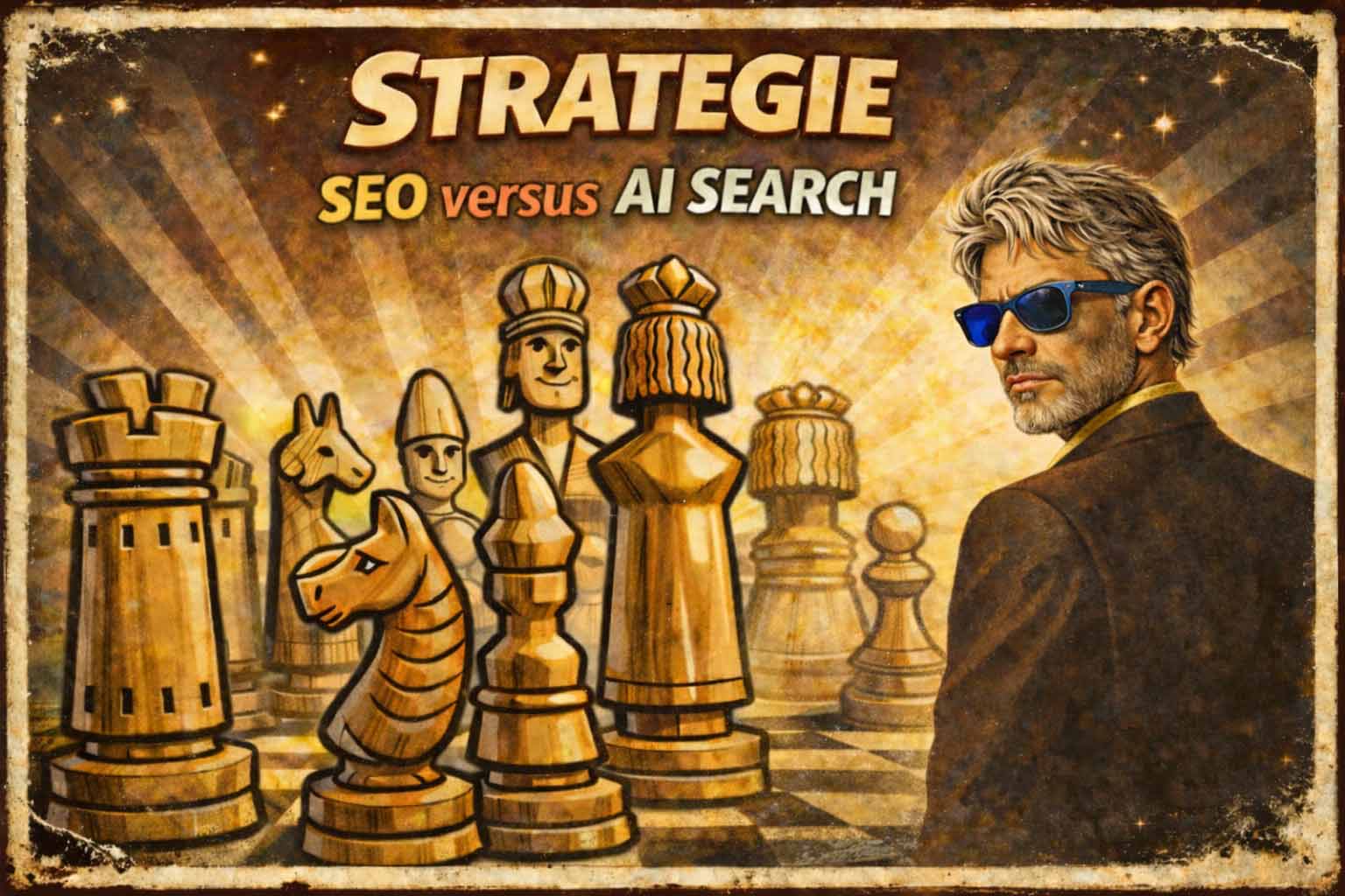 Header Bild mit Schachfiguren und einem männlichen Strategen für die Seite Strategie mit AI und SEO