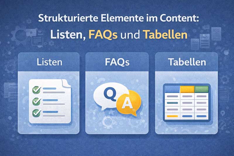 Infografik „Strukturierte Elemente im Content: Listen, FAQs und Tabellen“ mit Symbolen für Liste, Frage-Antwort und Tabelle