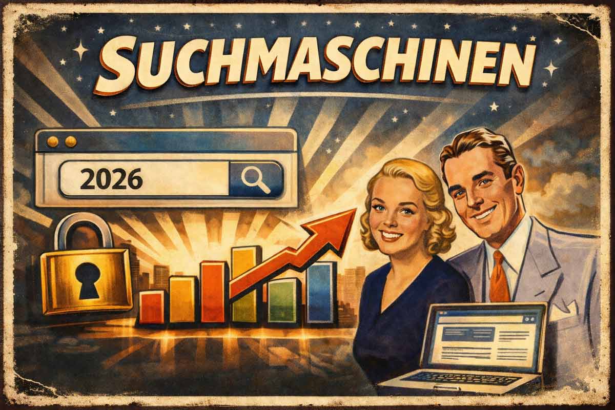 Paar neben Laptop, darüber „SUCHMASCHINEN“ und Suchleiste „2026“, Schloss und Balkendiagramm mit Pfeil für zurwebsite.de.