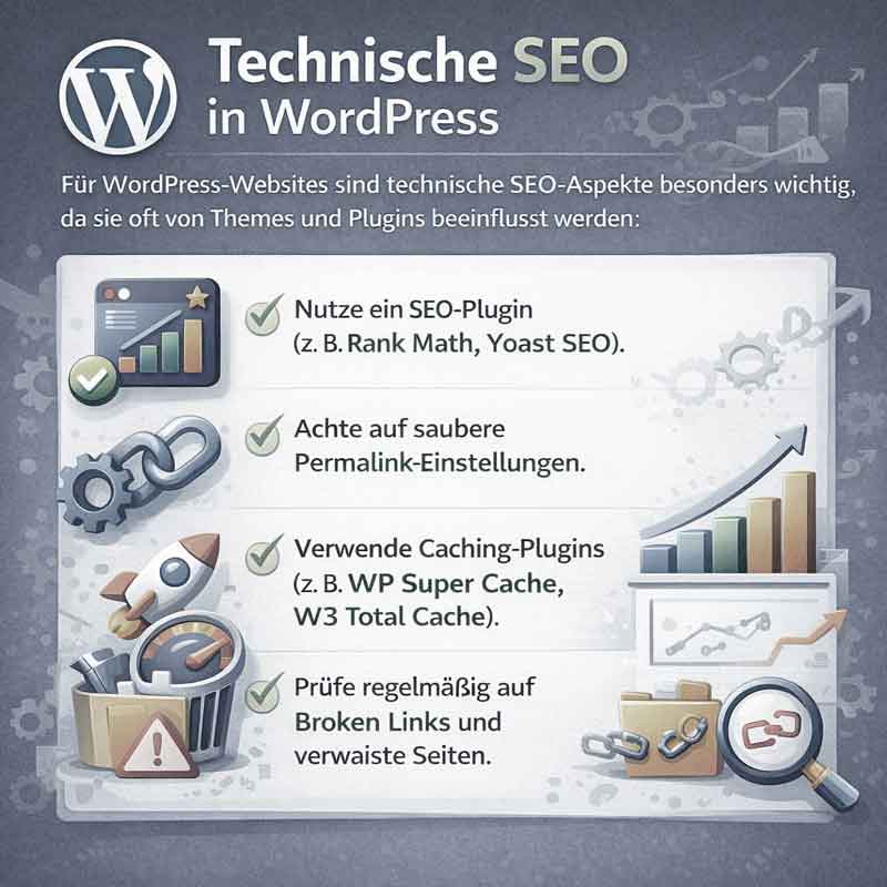 Infografik „Technische SEO in WordPress“ mit Tipps zu SEO-Plugin, Permalinks, Caching und Broken Links sowie Symbolen und Diagrammen