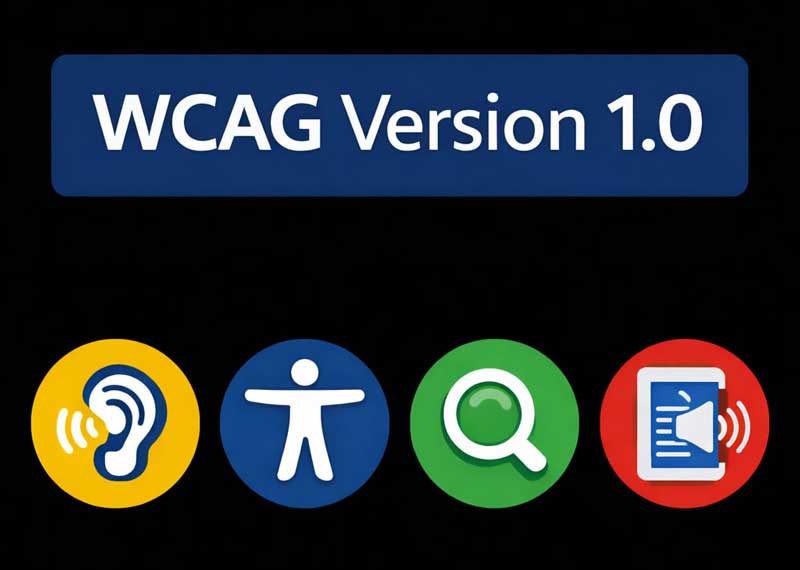 Grafik mit Titel „WCAG Version 1.0“ und kontrastreichen Icons für Hören, Zugänglichkeit, Vergrößerung und Audioinhalt auf dunklem Hintergrund