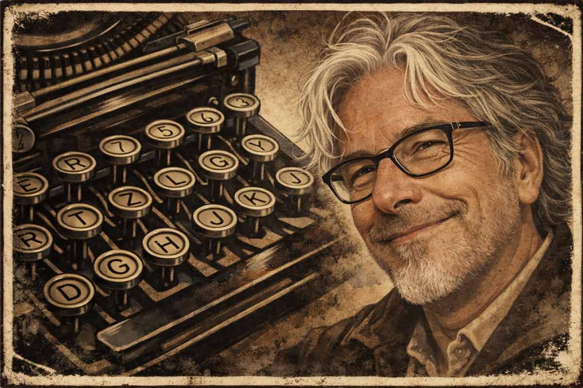 Illustration von Wolf-Reinhart Kotzsch mit alter Schreibmaschine