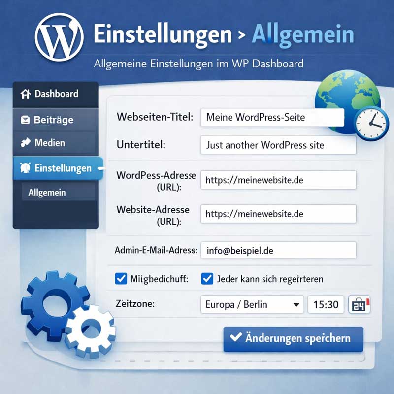 WordPress-Dashboard „Einstellungen > Allgemein“ mit Feldern für Titel, URLs, E-Mail, Zeitzone und „Änderungen speichern“