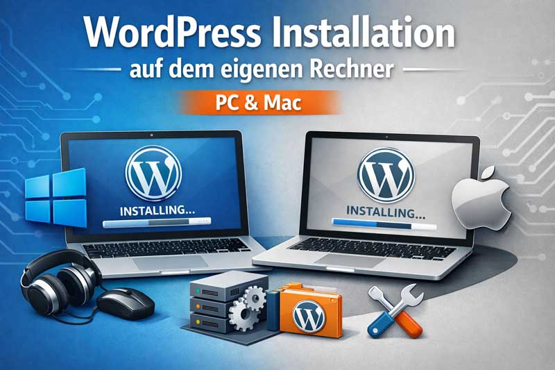 WordPress Installation lokal auf PC und Mac mit Windows, Apple Laptop und Server-Symbolen für Entwicklungsumgebung.