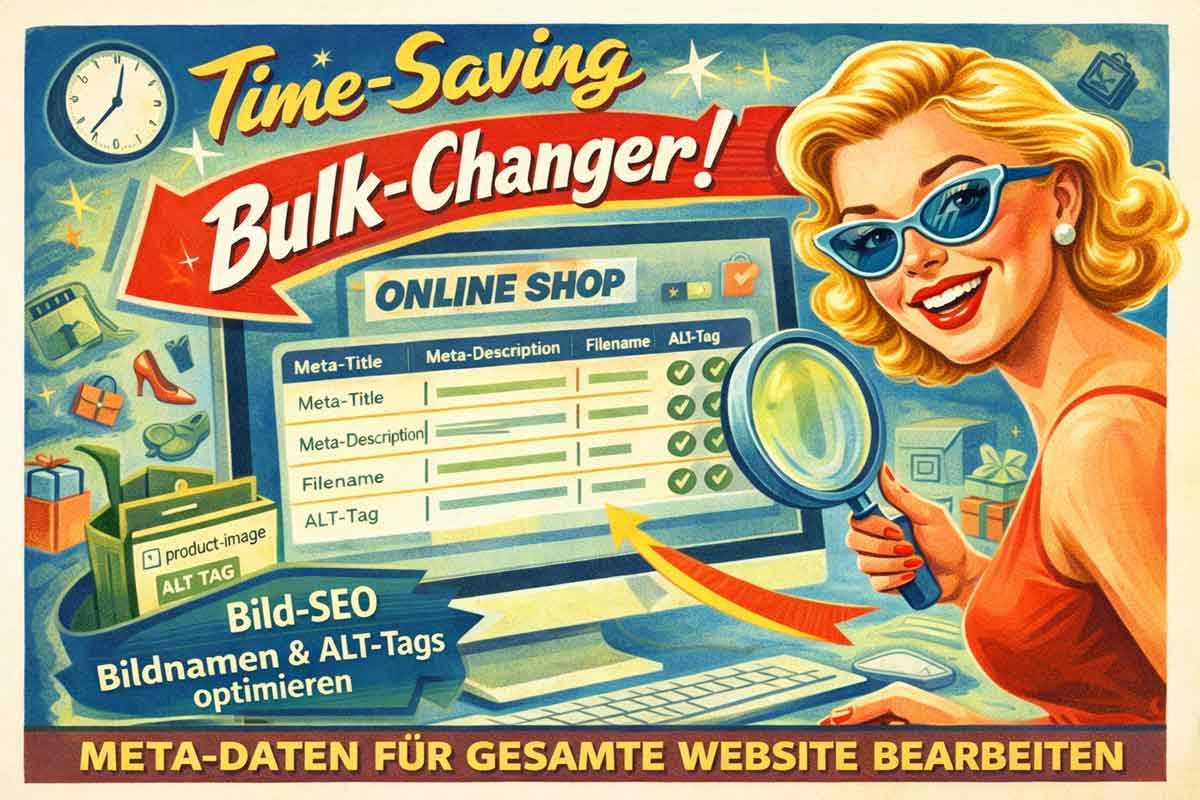 50er-Jahre-Plakat: Blonde SEO-Watcher mit blauer Sonnenbrille zeigt Bulk-Editor und Bild-SEO für Online-Shop.