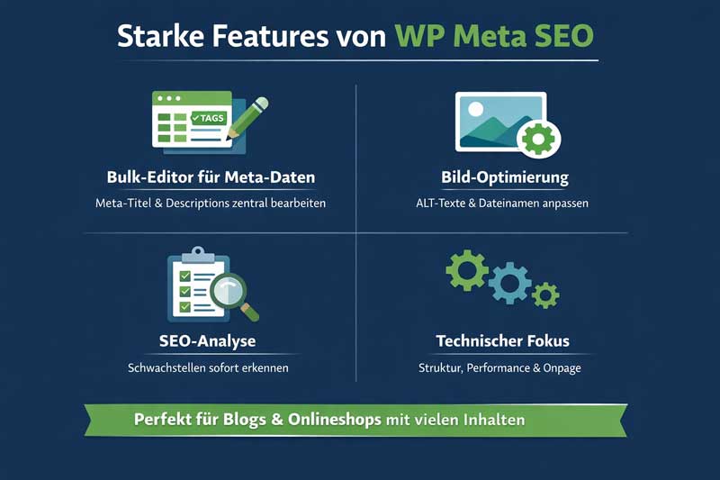 Das Bild zeigt die Stärken von WP Meta SEO