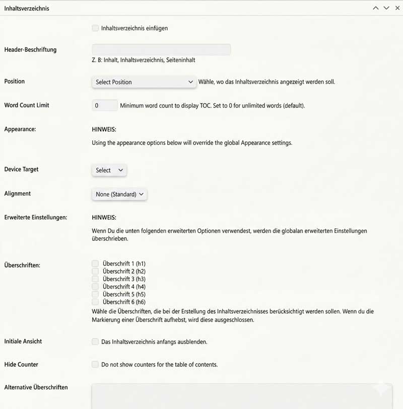 Das bild zeigt die Konfiguration eines Inhaltsverzeichnisses in Yoast