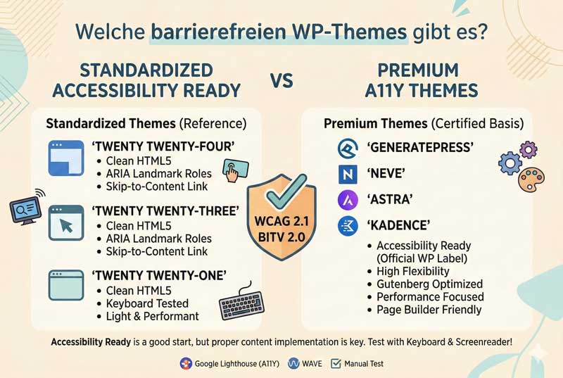Infografik zum Vergleich barrierefreier WordPress-Themes: Standard-Themes wie Twenty Twenty-Four vs. Premium-Themes wie GeneratePress.