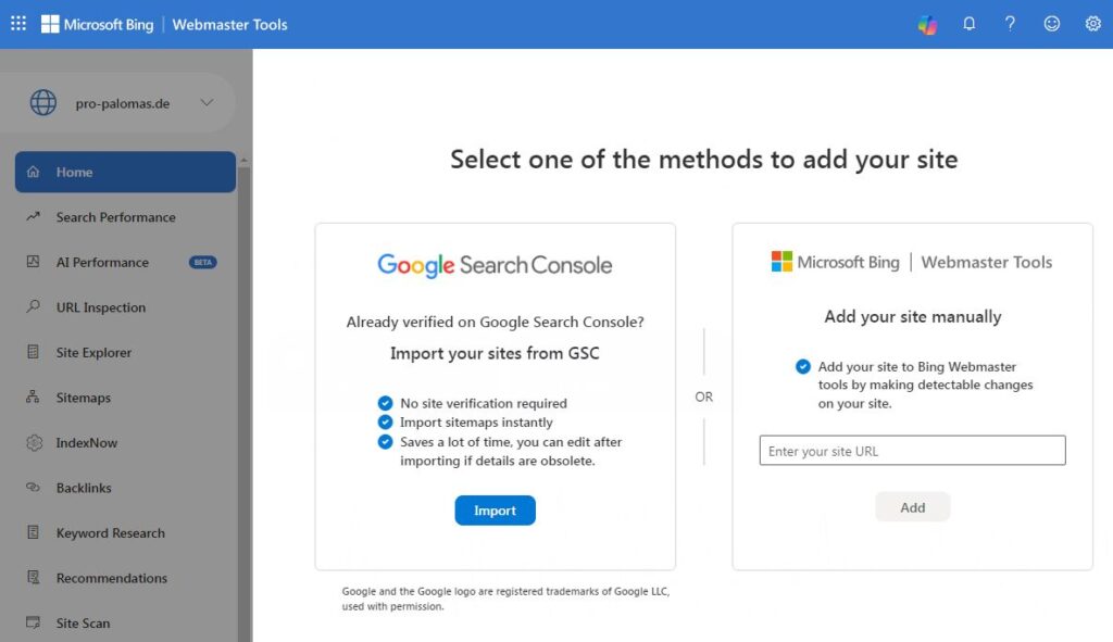 Import-Dialog der Bing Webmaster Tools mit Übernahme von Websites aus der Google Search Console.