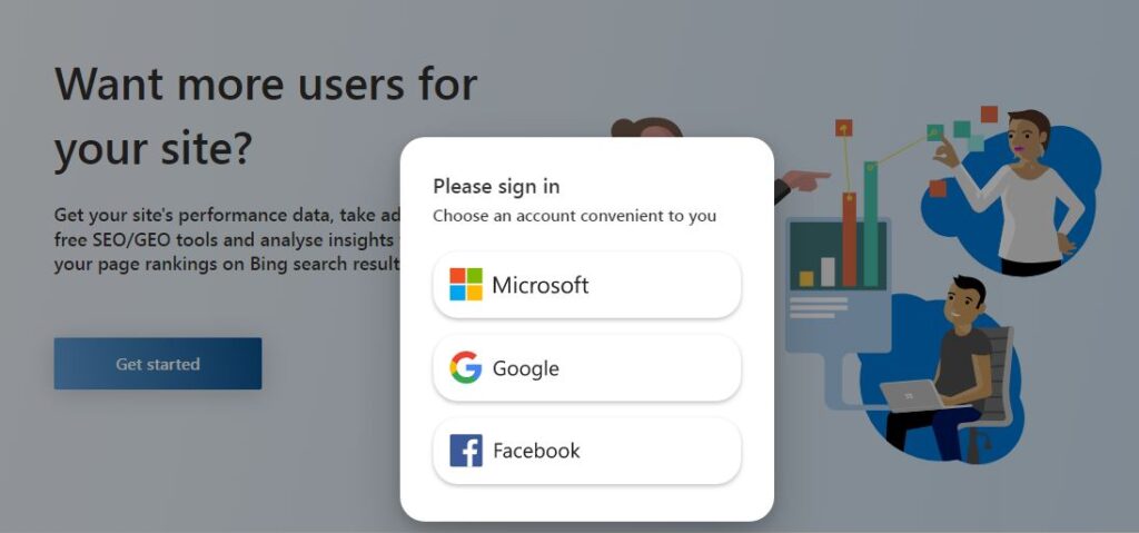  Einloggen mit Bing Webmaster Tools mit Übernahme von Websites aus der Google Search Console.