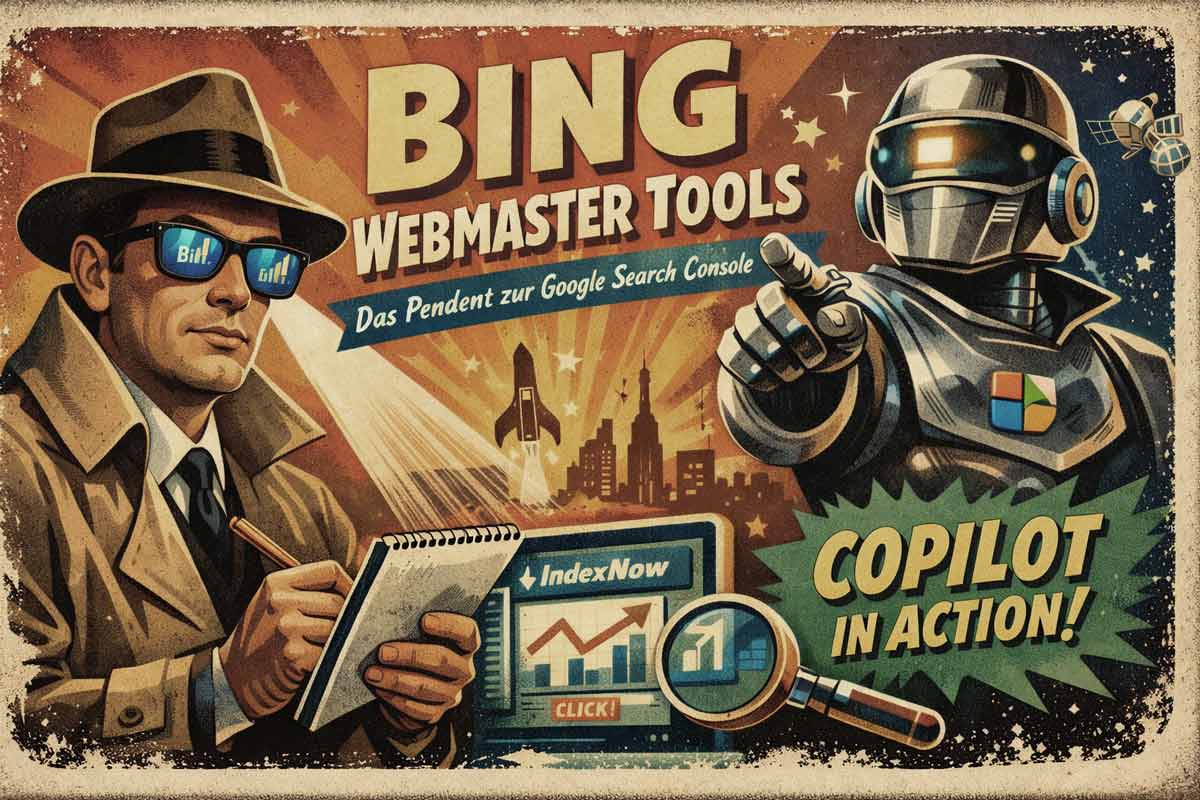 Retro-Filmplakat: Mann mit blauer Sonnenbrille und Copilot-Roboter vor Skyline. Titel „Bing Webmaster Tools“