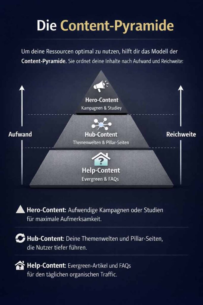 Content-Pyramide mit drei Ebenen: unten Help-Content für Evergreen-Artikel und FAQs, darüber Hub-Content für Themenwelten und Pillar-Seiten, oben Hero-Content für Kampagnen und Studien.