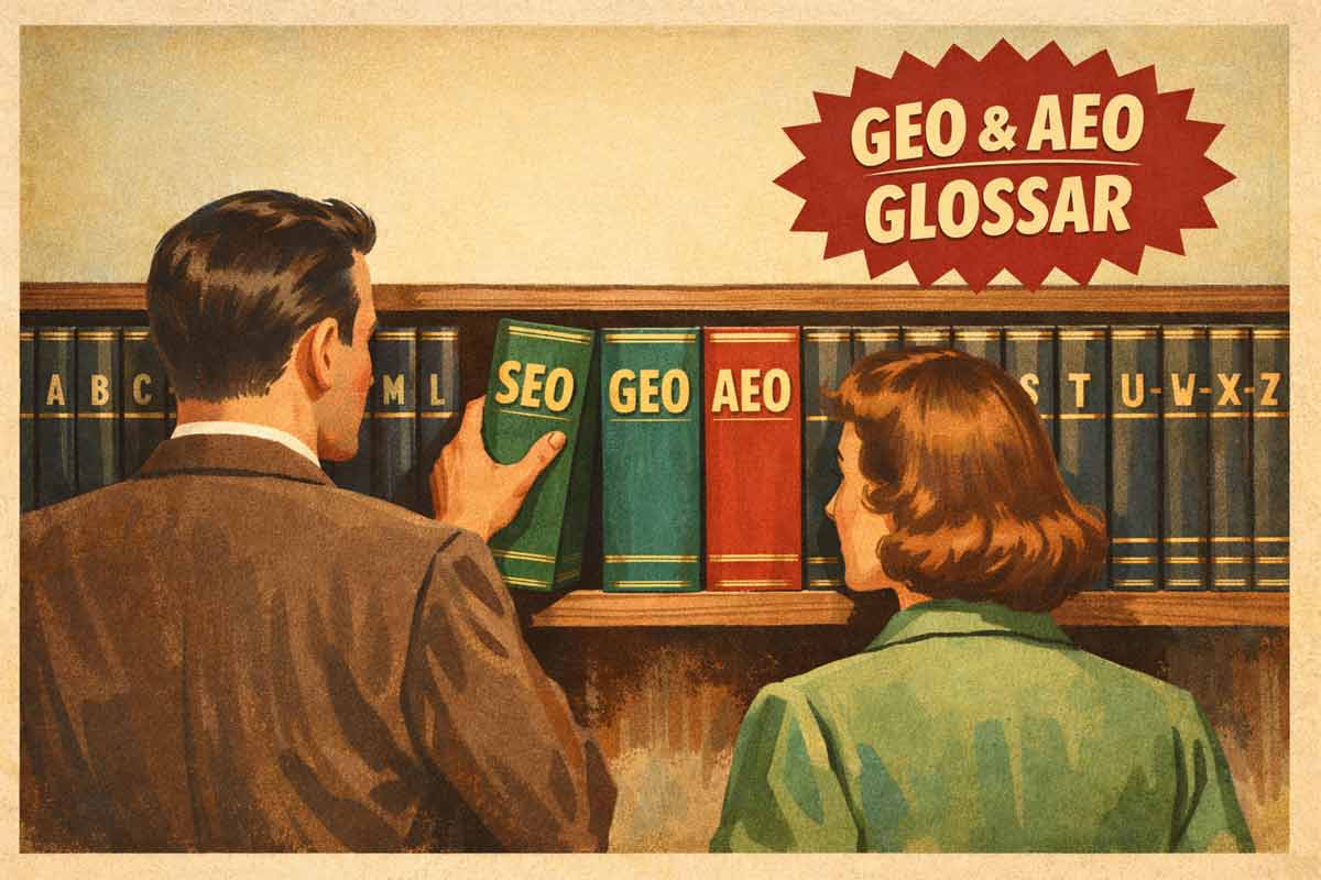 Retro-Bild: Zwei Personen, ein Mann und eine Frau stehen vor einem GEO und AEO Lexikon