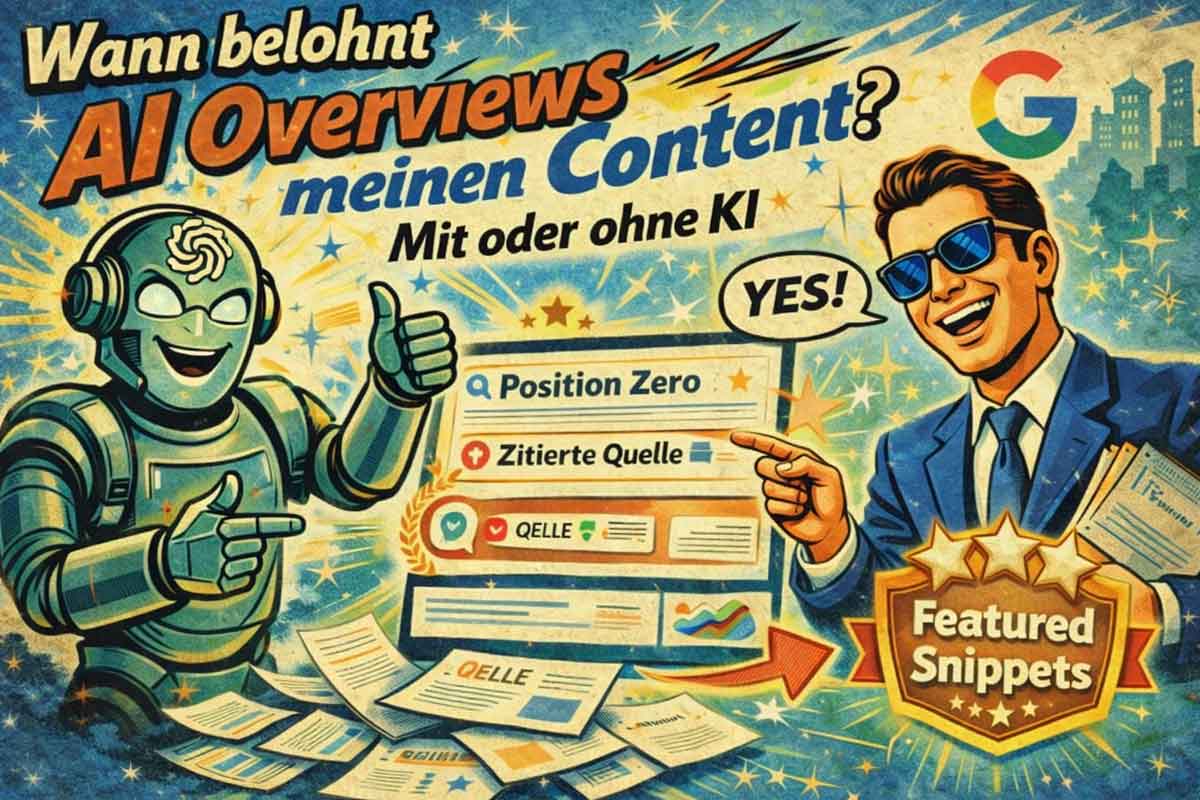Retro-Plakat: Freundlicher KI-Roboter und Person mit blauer Sonnenbrille zeigen auf „Position Zero“, „zitierte Quelle“ und „Featured Snippets“.