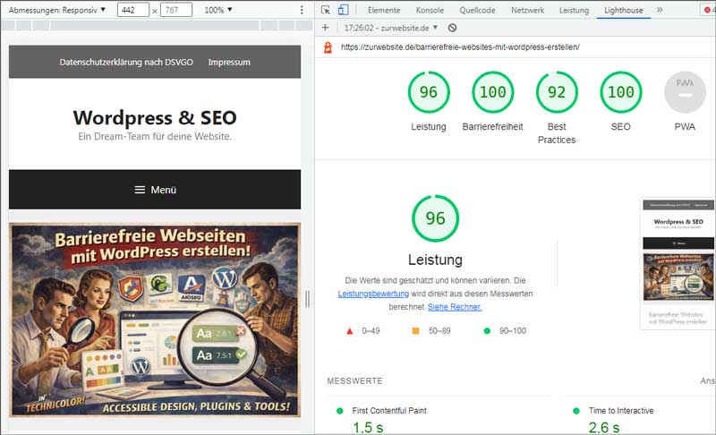 Screenshot von einem Lighthouse-Test dieser Webseite