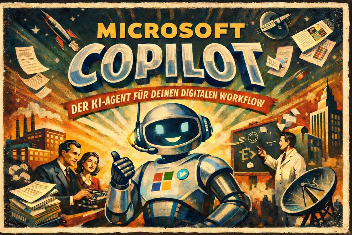 Das Bild zeigt Microsoft Copilot als Kinoplakat der 50er Jahre