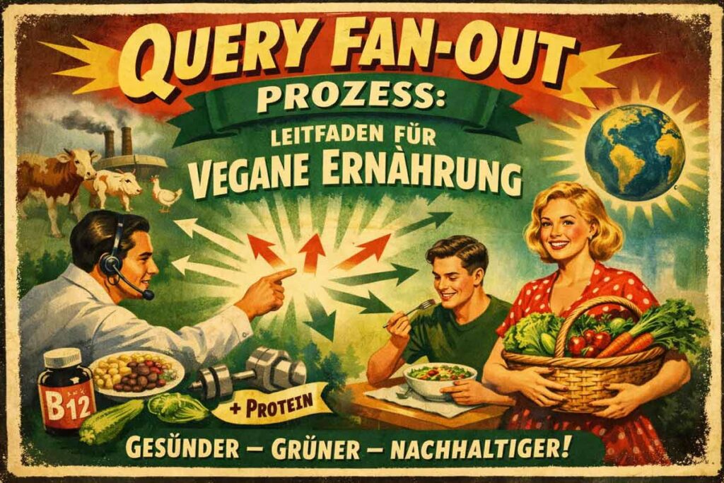 Grafik im Stil der 50er Jahre mit dem Thema Query Fan Out: Veganer Leitfaden