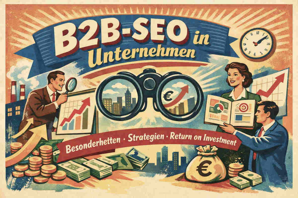 Retro-Plakat zeigt Geschäftsleute mit Diagrammen, Fernglas und Wachstumssymbolen für B2B-SEO und ROI im Unternehmen