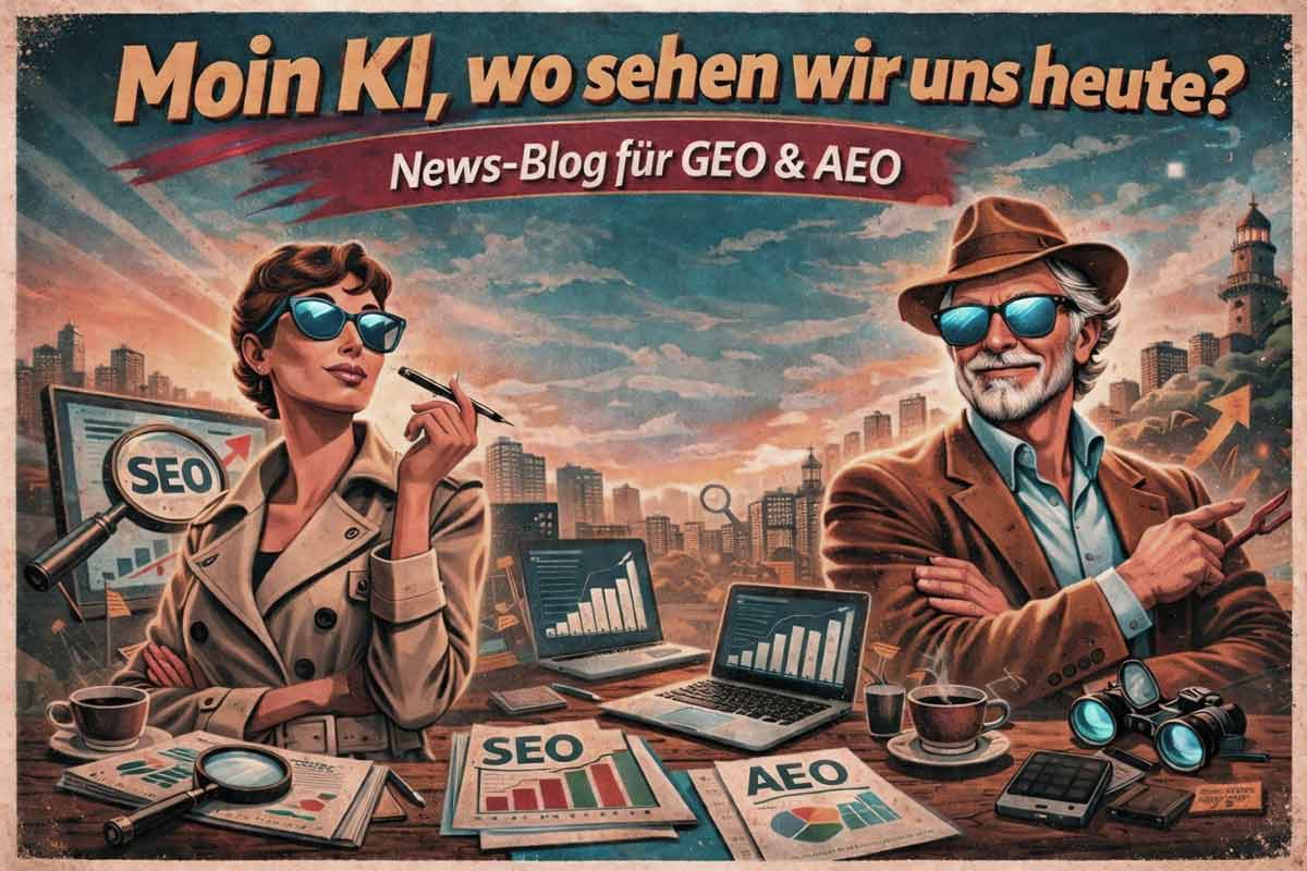 Retro-Plakat für den KI-Blog der SEO-Watcher mit blauen SEO-Brillen