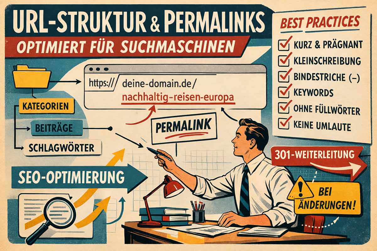 Retro-Infografik zur SEO-URL-Struktur: Permalinks, Slugs, Kategorien und Checkliste zur Optimierung für Suchmaschinen.