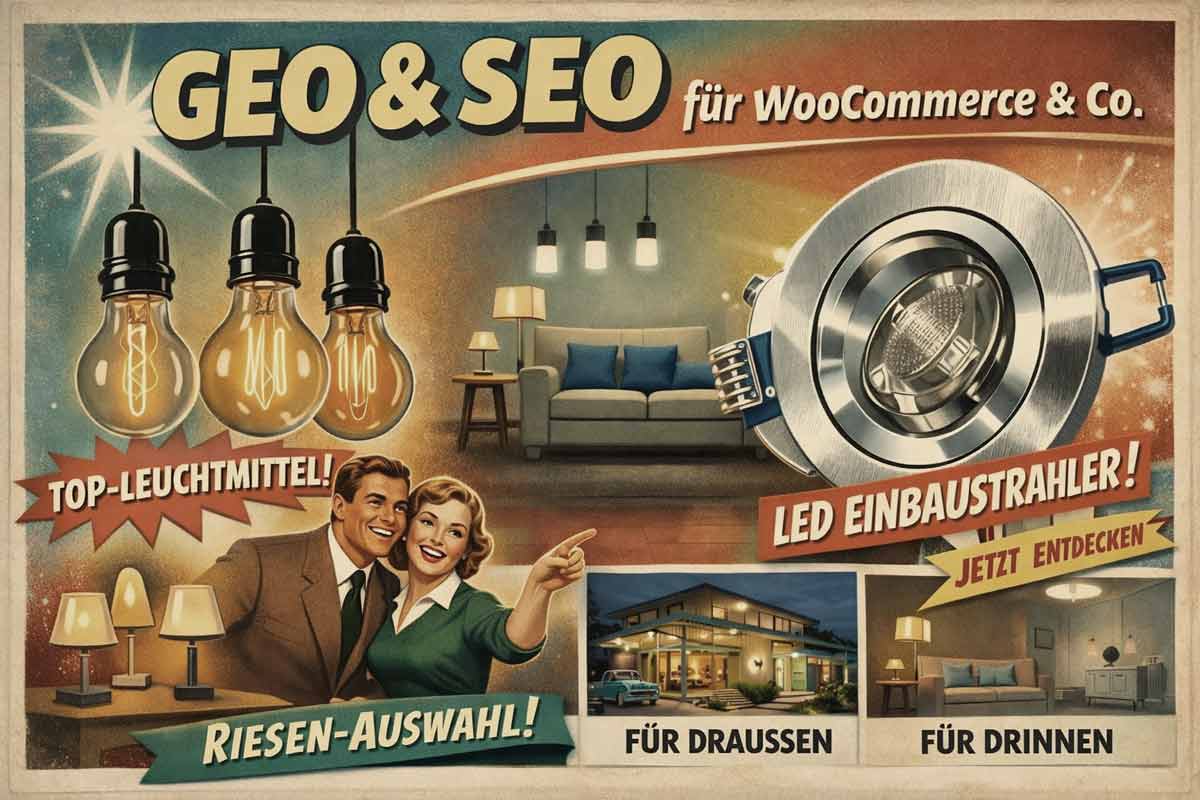 Retro-Plakat: LED-Leuchten, Innen- und Außenbeleuchtung, Paar zeigt Auswahl, Scheinwerfer rechts, warme Farben