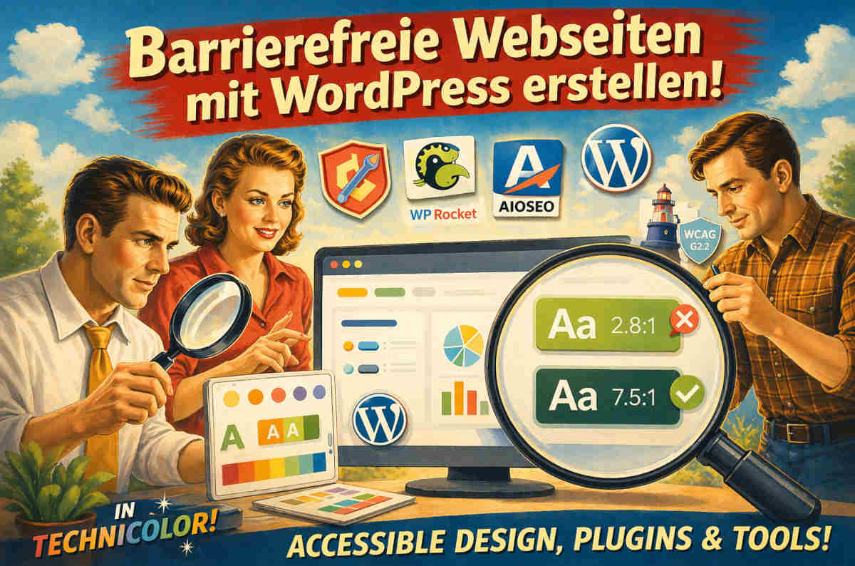 Retro-Plakat: Team prüft WordPress-Seite auf Barrierefreiheit, Kontraste, Plugins und WCAG