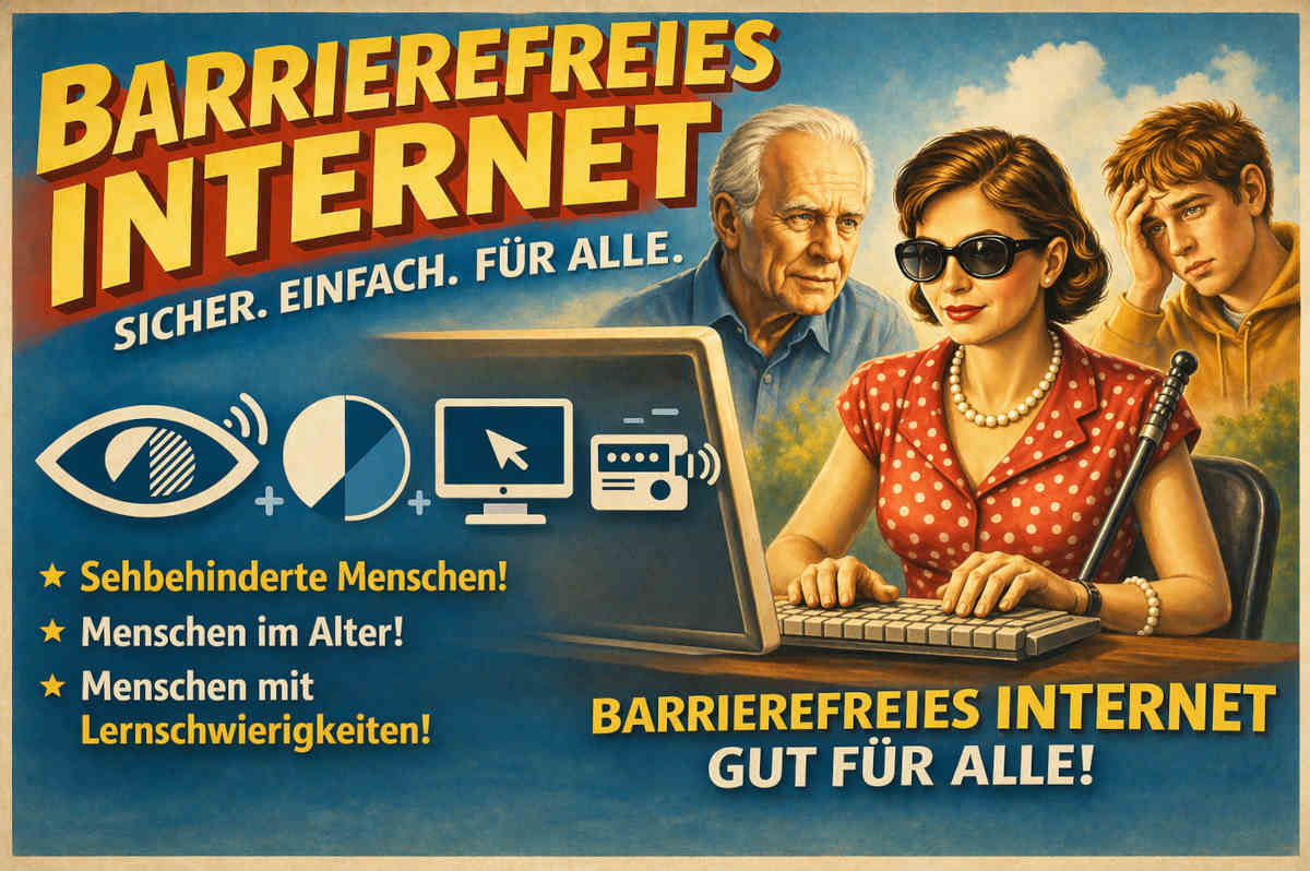 Retro-Plakat: Frau mit Sonnenbrille arbeitet am PC, Thema barrierefreies Internet für alle, mit Symbolen und Zielgruppen-Hinweisen