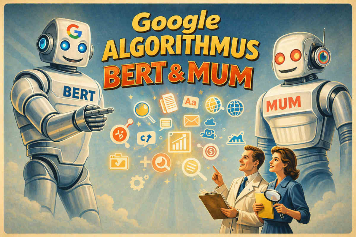 Retro-Bild mit BERT und MUM von Google als KI Roboter