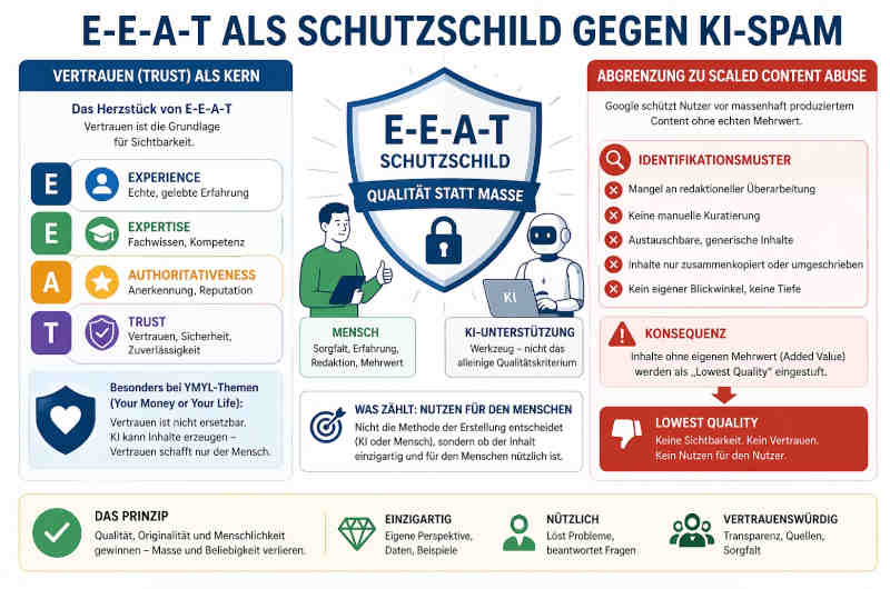 Infografik: Google E-E-A-T Schutzschild gegen Spam