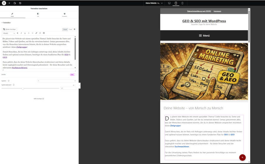 Screenshot von Elementor Website Einstellungen für das Tablet