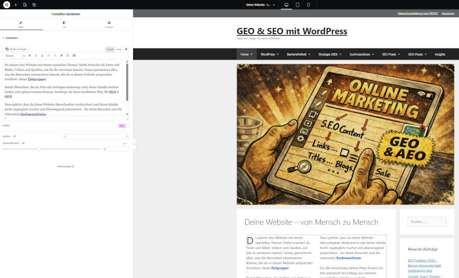 Screenshot von Elementor Website Einstellungen für den Desktop