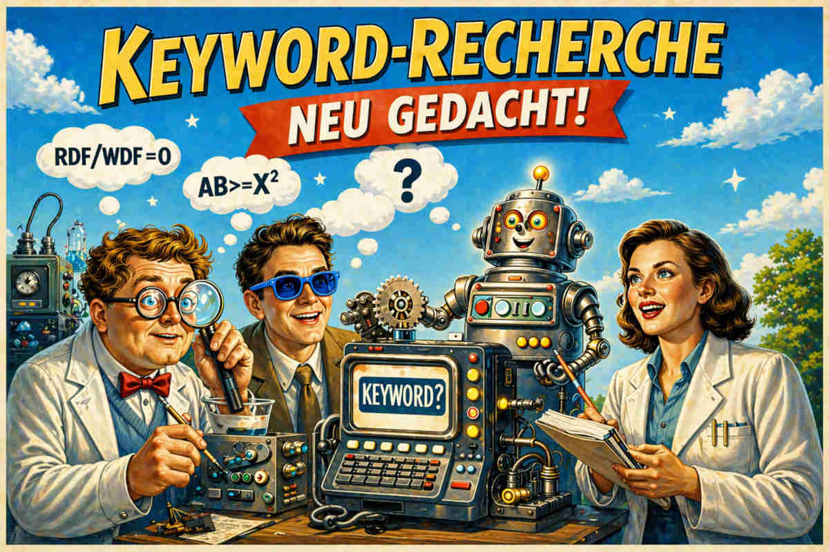 50er-Jahre-Plakat: Mann mit blauer Sonnenbrille, Roboter, vegane Aufstriche und Rakete, Thema Keyword-Recherche.