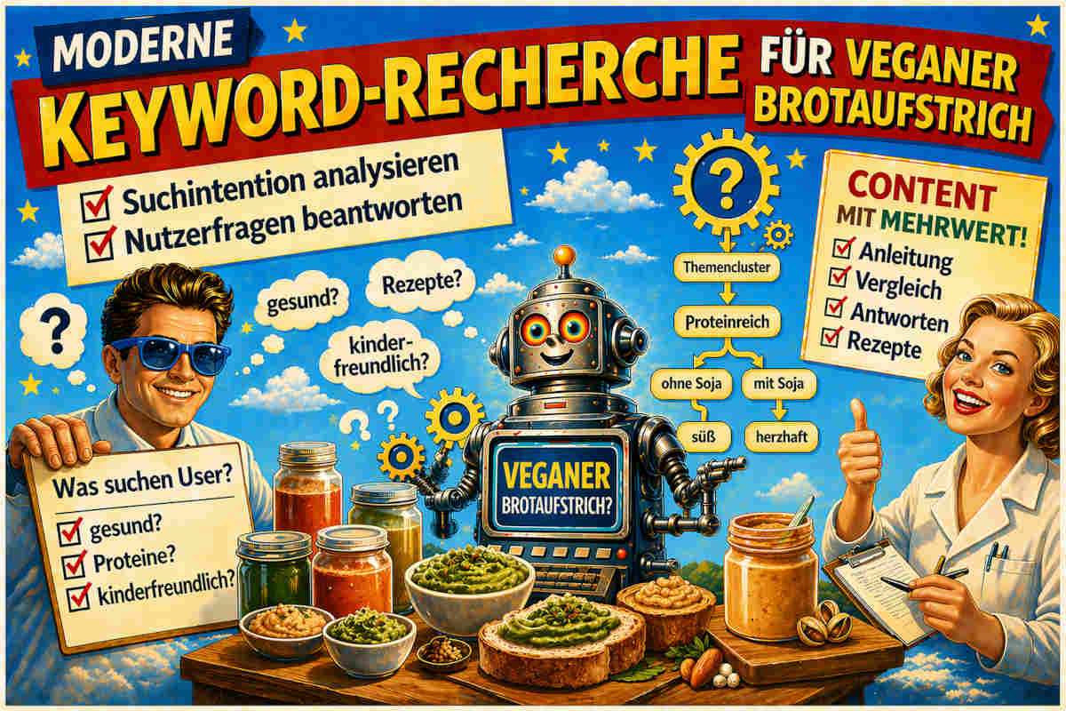 50er-Jahre-Plakat: Mann mit blauer Sonnenbrille, Roboter, vegane Aufstriche , Thema Keyword-Recherche.