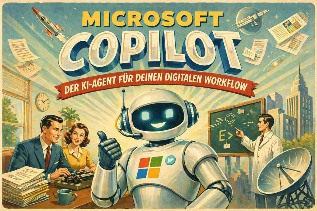 Das Bild zeigt Microsoft Copilot als Kinoplakat der 50er Jahre