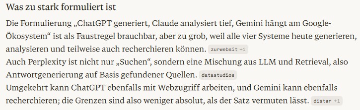 Screenshot mit Zitatquellen aus Perplexity