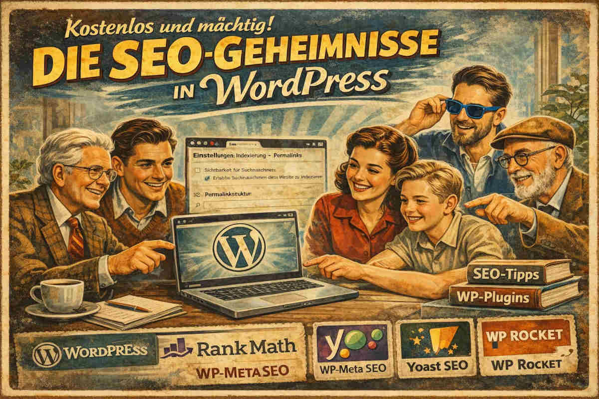 Retro-Bild mit Menschen zum Thema SEO Einstellungen und Plugins für Wordpress