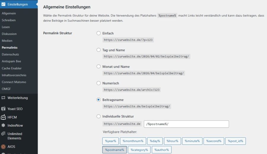 Screenshot von Permalinks in WordPress